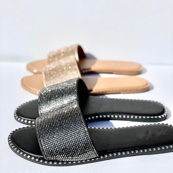 Black Rhinestone Flat Sandals - Picture 7 of 10